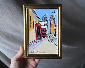 Pintura al óleo de un autobús londinense, enmarcada, con paisaje urbano y el Big Ben. Autobús original hecho a mano de 4x6 pulgadas.
