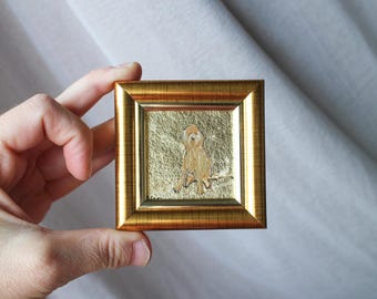 Framed Groodle Oil Painting with Gold Leaf, 2x2 Original Dog Portrait