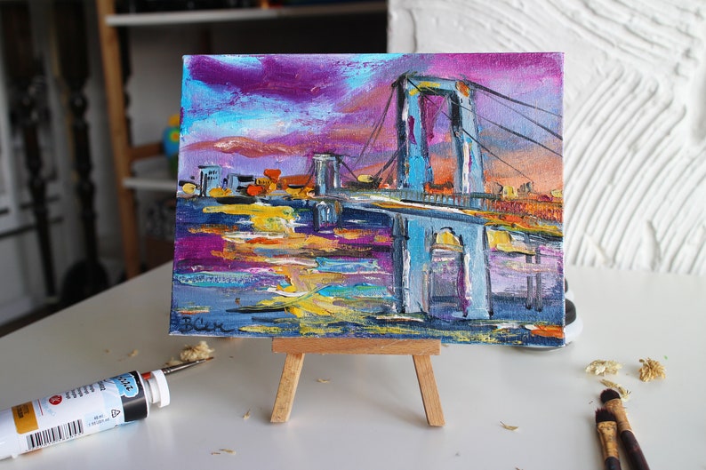 Oil painting New York Verrazzano-Narrows Bridge oil Painting framed original Manhattan Wall Art Decor Manhattan New York America Painting