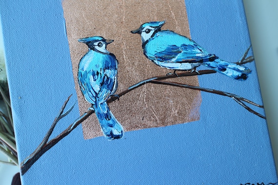 Blue Jay Oil Painting With Bronze Leaf, Gold Framed Wall Art 8x10