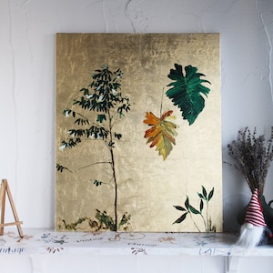Gold Blatt Kunst Botanik Blatt Baum Blätter Gras Minimalismus Malerei gerahmt Große Abstrakte Malerei Gold Malerei Gold Blatt Textur Wandkunst