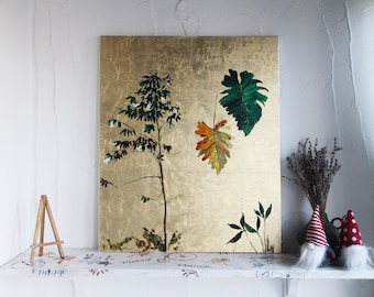 Gold Leaf Botanical Painting: Framed Abstract Tree Art (50x60cm)