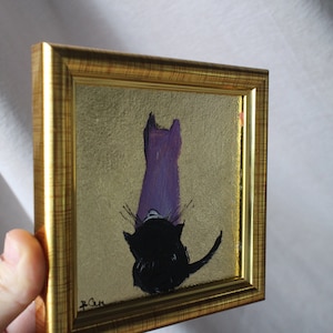 Zwarte kat gaapt met bladgoud olieverfschilderij met bladgoud 4 x 4 origineel schilderij ingelijst schilderij zwarte kat origineel ingelijst