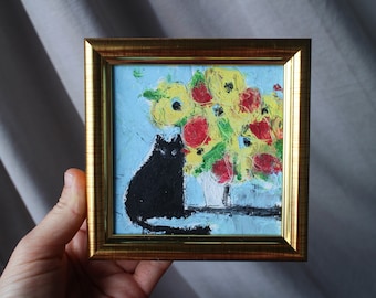 Mini flowers with black cat on the table Oil pastel painting framed 4x4 in Original flower Handmade Still life painting Bouquet painting