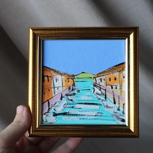 Burano oil painting original framed 4x4 Rio del Pontinello Venetian Lagoon Torcello Burano Painting Burano Wall Art Decor