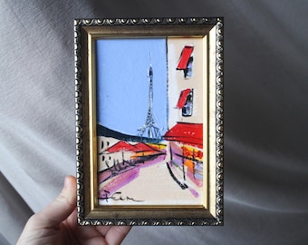 Paris Cafe Skizze Ölgemälde original 4x6 gerahmte Eiffelturm Stadtbild Straße
