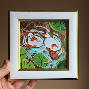 Anser white goose oil Painting original painting framed water lilies white geese painting original framed illustration home decor wall art