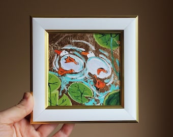 White Goose love birds Oil Painting: Framed water lilies Pond Illustration 4x4
