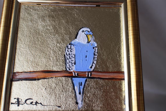 額入りセキセイインコ油絵：オリジナルインコ鳥アート（4 x 4インチ