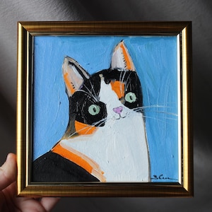 Pintura al óleo de gato manx, 6 x 6, pintura original enmarcada, pintura de gato blanco y negro, pintura original enmarcada