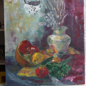 Apple flower Still life oil painting original green painting Oil painting Still life painting Modern Art lemon