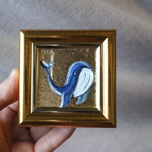 Framed Whale Oil Painting with Gold Leaf - Miniature Handmade Art (2x2 in)