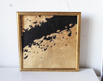Black & Gold Leaf Abstract Painting, Textured Wall Art (12x12)