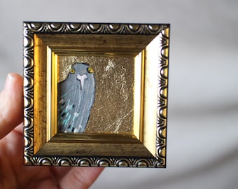 Pigeon portrait oil Painting gold leaf original painting framed 2x2 dove painting original framed illustration home decor