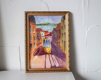 Framed Lisbon Tram Watercolor Painting, Original A4 Cityscape Wall Art