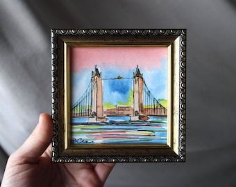 Handgemaakte London Tower Bridge-waterverfschilderij - ingelijste originele kunst 4 x 4