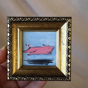 Retrato de cerdo divertido y feliz, pintura al óleo original enmarcada de 2 x 2, pintura de cerdo, ilustración original enmarcada, decoración del hogar, arte de pared