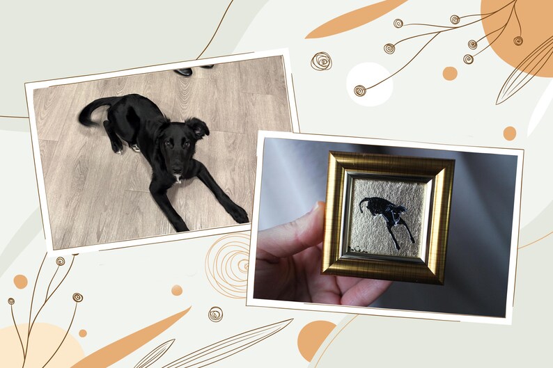 Peut inclure: Un chien noir allong&eacute; sur un plancher en bois clair. Une petite &oelig;uvre d'art encadr&eacute;e avec un cadre dor&eacute; et une silhouette noire d'un chien est tenue dans une main. L'&oelig;uvre est sur un fond dor&eacute;.