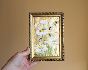 Honeybee chamomile camomile daisy oil painting original with gold leaf  4x6 in framed Bee painting oil small painting Gold Leaf art Abstract