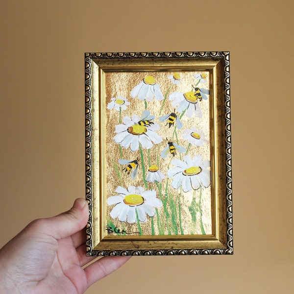 Honeybee chamomile camomile daisy oil painting original with gold leaf  4x6 in framed Bee painting oil small painting Gold Leaf art Abstract