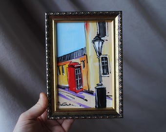 London Street Oil Painting handmade framed, Telephone Box, Original Small Art (4x6)