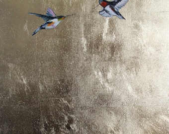 ザクセン王の鳥油絵オリジナルクラフトハンドメイド：金箔額入りアート
