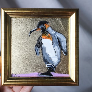 Pintura al óleo de pingüino con pan de oro, pintura original de 4 x 4 enmarcada. Pintura de pingüino negro original enmarcada
