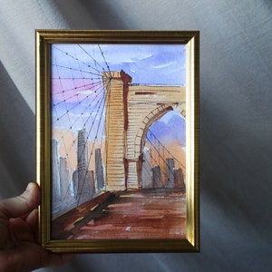 Brooklyn bridge sketch New York original watercolor painting framed US city painting small watercolor painting bridge
