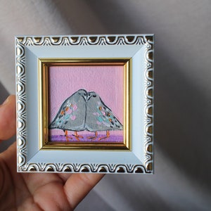 Retrato de paloma, pintura al óleo, pintura original de 2x2 enmarcada, pintura de paloma, ilustración original enmarcada, decoración del hogar