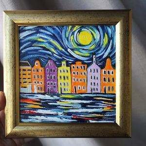 Amsterdam Oil painting framed original 6x6 in, Amsterdam cityscape, Original Handmade  Oil Painting on canvas, Amsterdam Painting, Holland