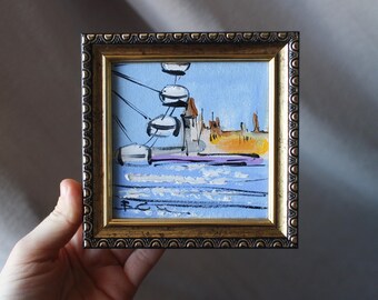 Framed London Cityscape Oil Painting, Ferris Wheel, 4x4 in
