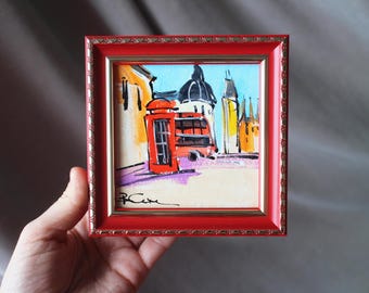 Autobús de Londres original, pintura al óleo, paisaje urbano del Big Ben, hecho a mano, arte enmarcado 4x4