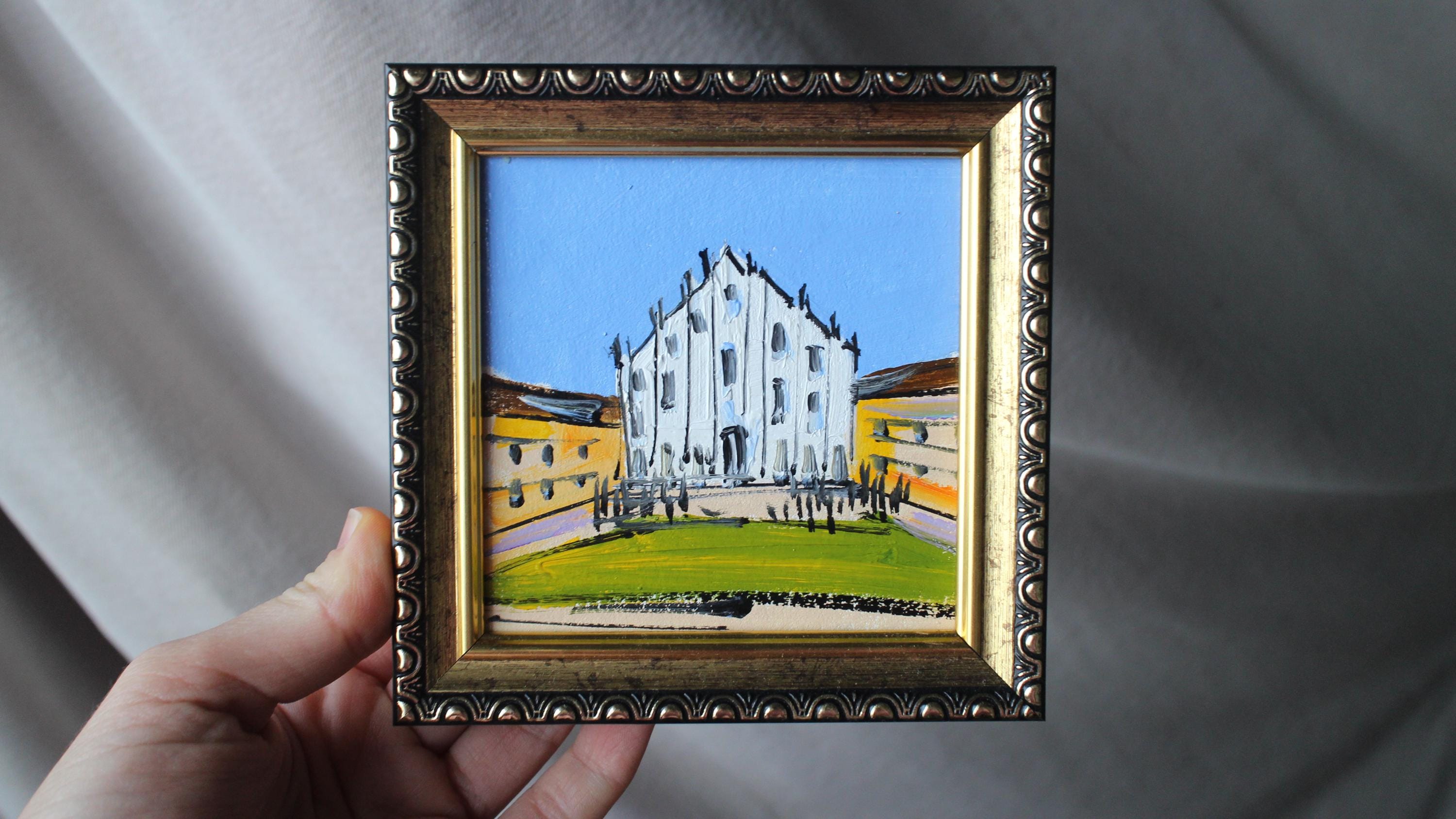 額入りミラノ大聖堂油絵：イタリア旅行アート（4 x 4インチ） - Etsy 日本