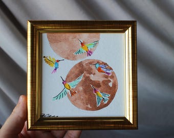 Pintura de acuarela de colibrí enmarcada: arte mural original de aves de 4x4