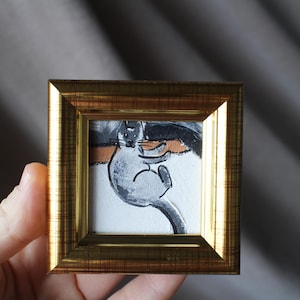 Peinture à l'huile portrait de chat gris avec feuille d'or 2 x 2 peinture originale encadrée peinture originale de chat noir encadrée