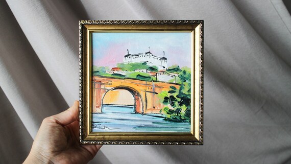 トレド スペイン 油絵 オリジナル 額入り 6x6 トレド 都市景観 街路 