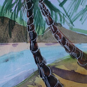 May include: Watercolor painting of two palm trees on a beach. The trees are painted in shades of brown and green, with white lines to show the texture of the bark. The beach is painted in shades of blue and green, with a white line to show the water's edge.