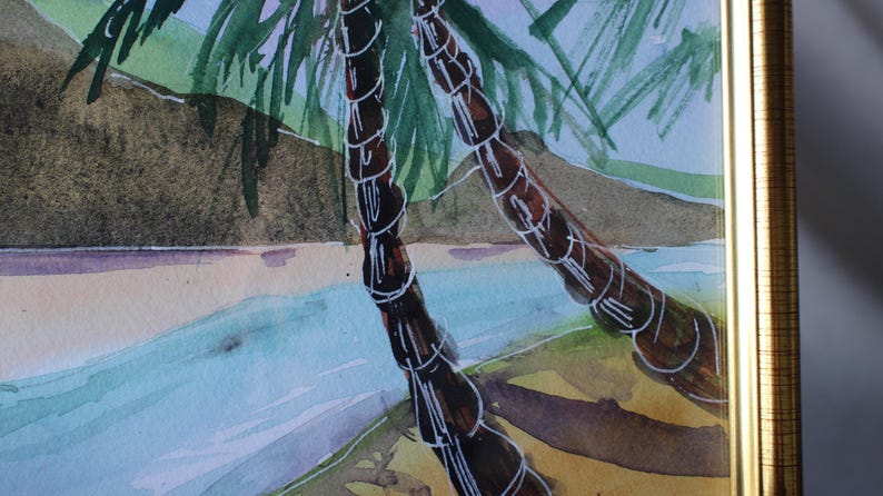 May include: Watercolor painting of two palm trees on a beach. The trees are painted in shades of brown and green, with white lines to show the texture of the bark. The beach is painted in shades of blue and green, with a white line to show the water's edge.
