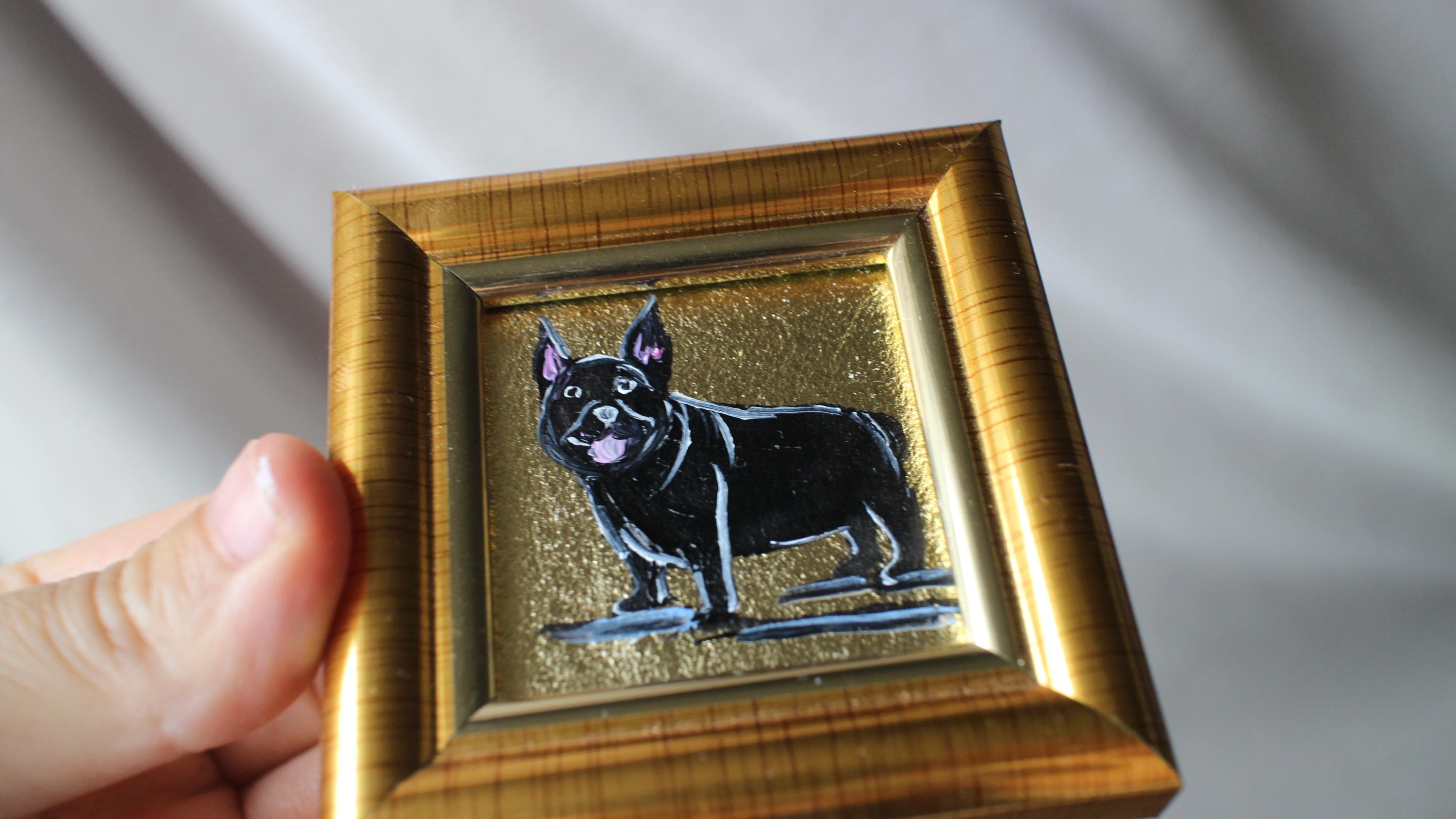 額装済みフレンチブルドッグ油絵：オリジナル犬の肖像画（2×2インチ