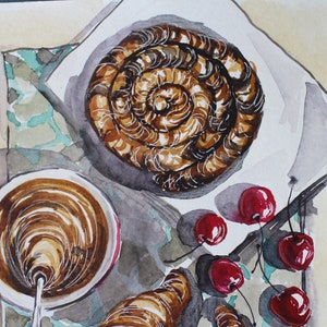 May include: Watercolor painting of a breakfast scene with a pastry, a cup of coffee, and cherries. The pastry is a swirl of brown and white, and the coffee is a dark brown. The cherries are red and have green stems.