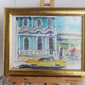 Lisbona strada giallo retrò auto pittura acquerello originale incorniciato paesaggio urbano pittura strada in Piccola Pittura Wall Art Decor