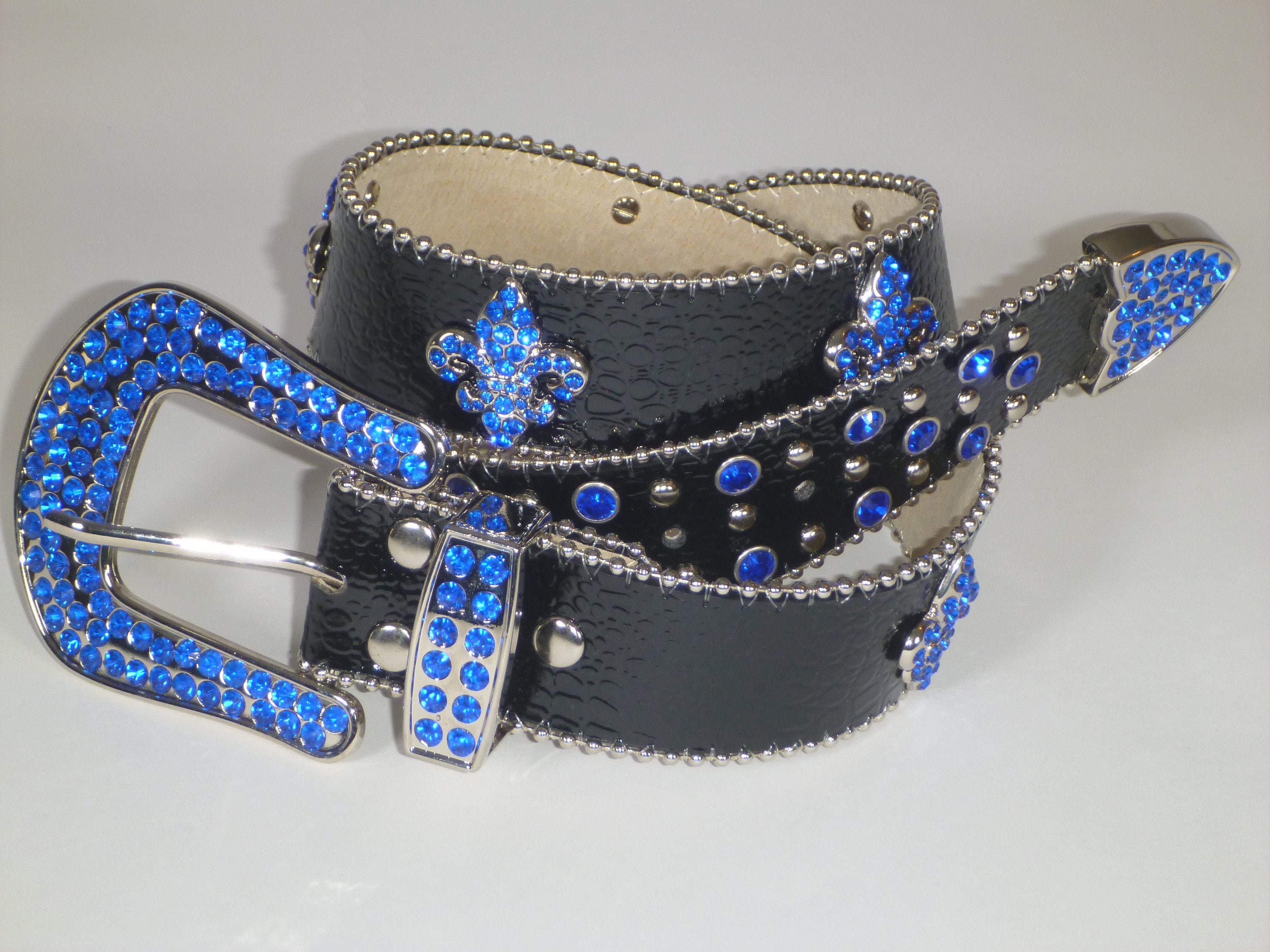 Women's Rhinestone Leather Bling Belt Fleur De Lis Black Etsy