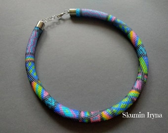 Crochet Beaded Necklace: Rainbow Czech Beads, Handmade Rope Jewelry