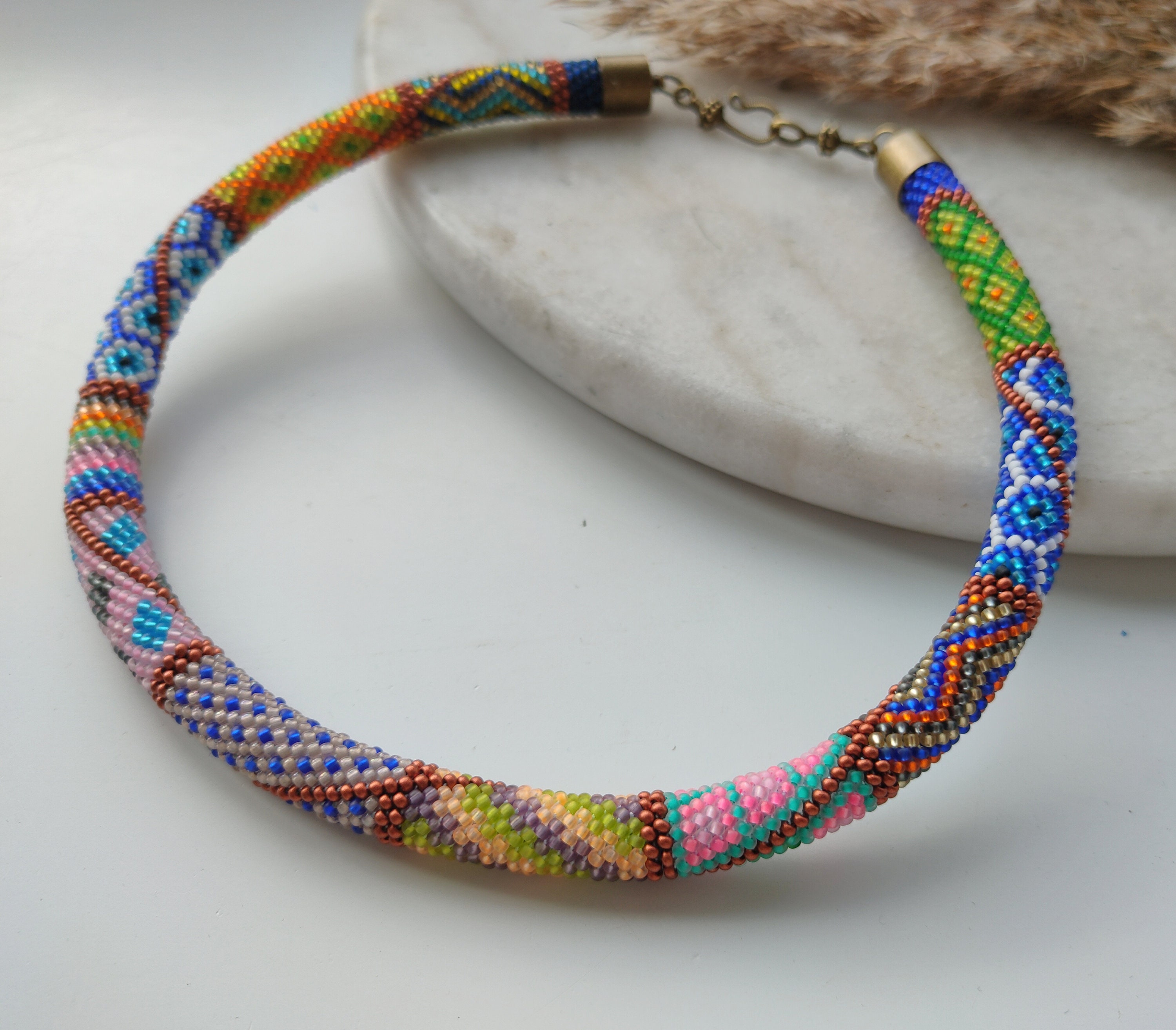 Rainbow Bead Crochet Necklace Beaded Jewelry Patchwork Necklace Rope ...