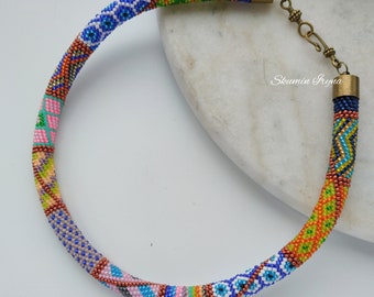 Rainbow bead crochet necklace Beaded jewelry Patchwork necklace rope Crochet Rope Beaded Necklace Bead crochet jewelry Gift women