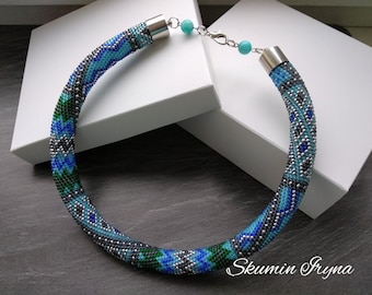 Aquamarine necklace. Blue green beaded jewelry. Bead crochet necklace. Crochet Rope. Bead crochet jewelry. Gift women