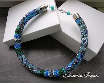 Collar de cuerda de ganchillo con cuentas, turquesa, azul, verde y plata, joyería llamativa