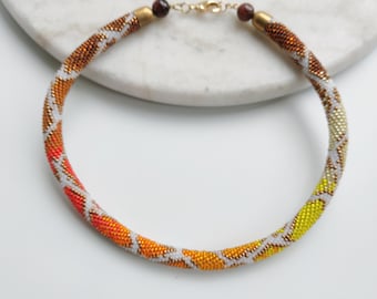 Bead Crochet Necklace, Ombre Snake Choker, Japanese Czech Beads, Tiger's Eye