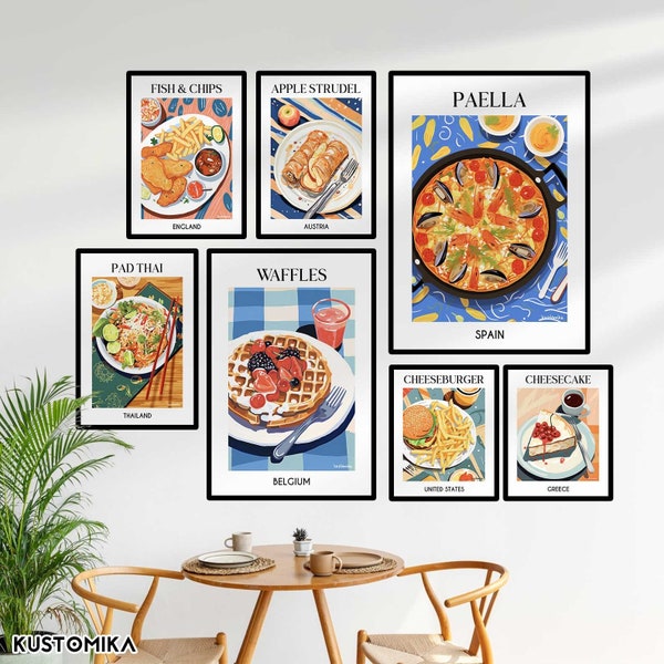 Food Art Print Set of 7, Kitchen Wall Art, Illustration Wall Art, Printable, Downloadable Art, Large Wall Art, Digital Print