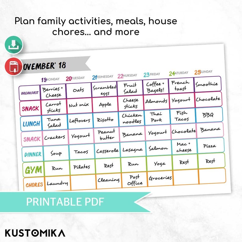 Weekly Family Calendar Meal Planner Family Calendar Family | Etsy